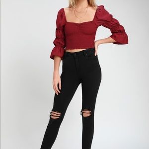 LULUS BURGUNDY SMOCKED PUFF SLEEVE CROP TOP
